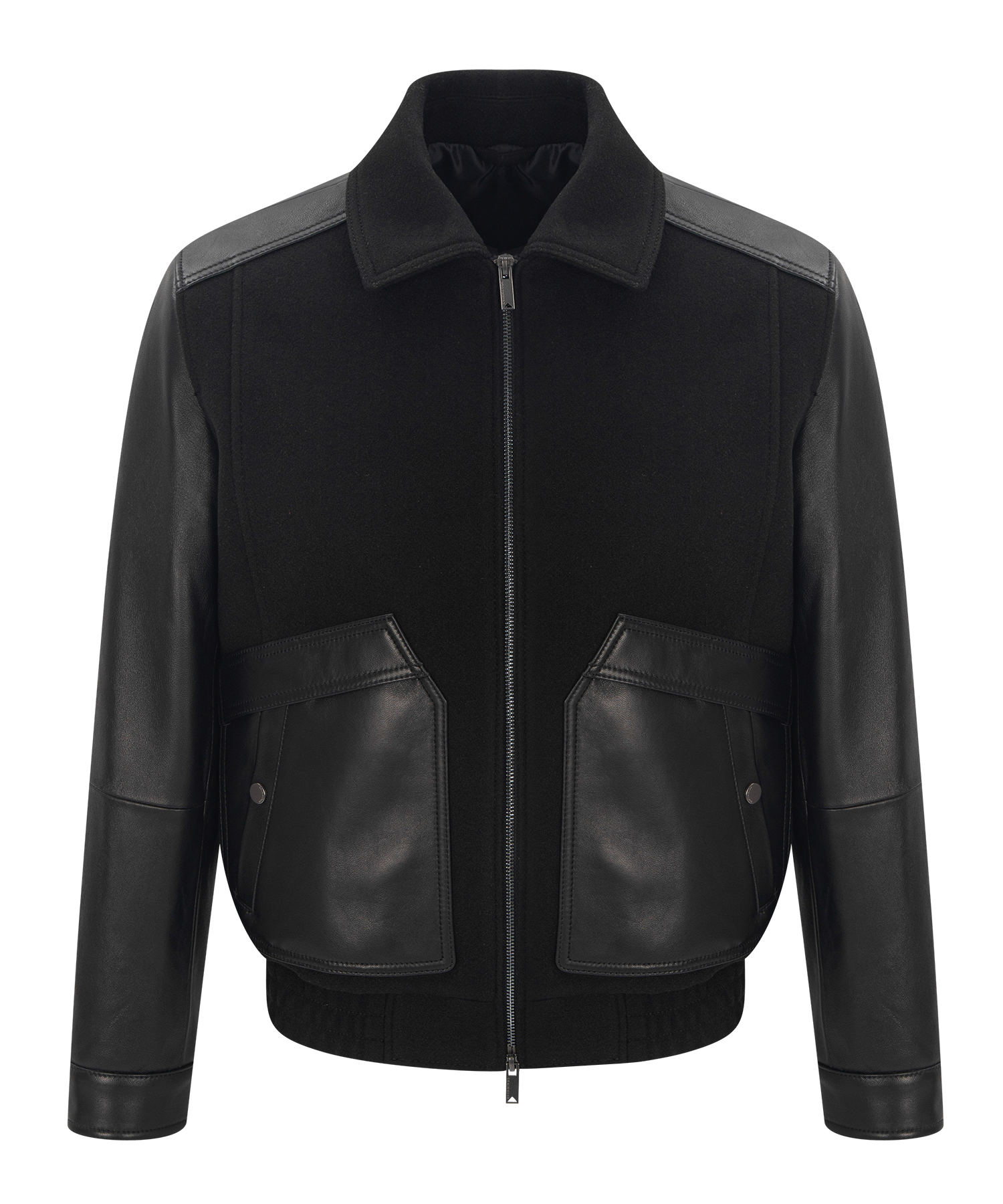Wool Leather Out Pocket Bomber  Jacket / Lamb skin (Black)
